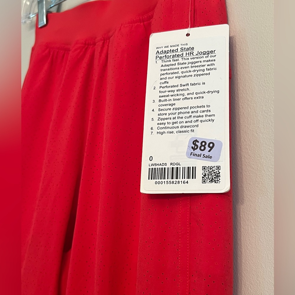 NWT Lululemon Adapted State High Rise Perforated Joggers, “Red Glow” size 0 - Picture 5 of 6
